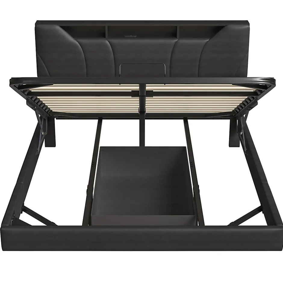 ProximaX Lit double 140x200 cm rembourré gris en PU avec LED, ports USB, tête de lit et coffre de rangement