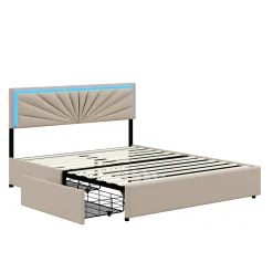 Generique Lit double 160x200 cm rembourré avec 4 tiroirs, tête de lit avec rangement, LED, sommier à lattes, beige