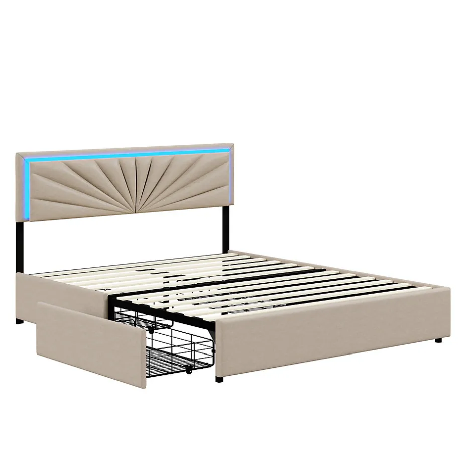 Generique Lit double 160x200 cm rembourré avec 4 tiroirs, tête de lit avec rangement, LED, sommier à lattes, beige
