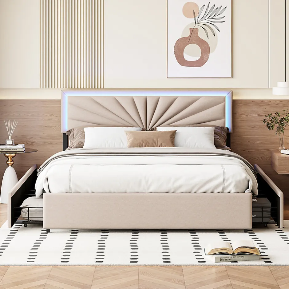 Generique Lit double 160x200 cm rembourré avec 4 tiroirs, tête de lit avec rangement, LED, sommier à lattes, beige