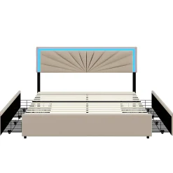 Generique Lit double 160x200 cm rembourré avec 4 tiroirs, tête de lit avec rangement, LED, sommier à lattes, beige