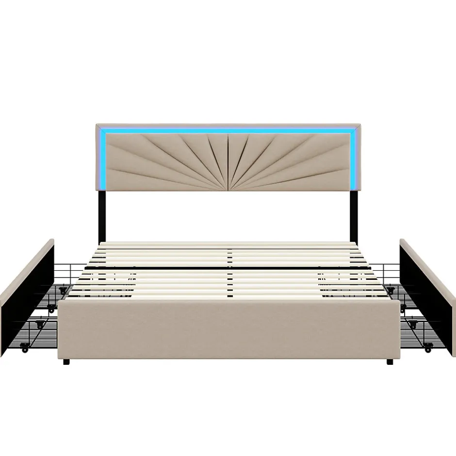 Generique Lit double 160x200 cm rembourré avec 4 tiroirs, tête de lit avec rangement, LED, sommier à lattes, beige