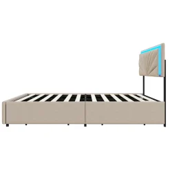Generique Lit double 160x200 cm rembourré avec 4 tiroirs, tête de lit avec rangement, LED, sommier à lattes, beige