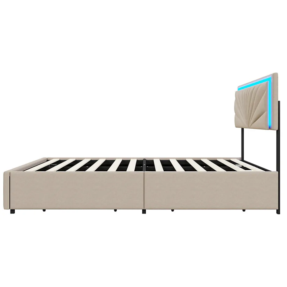 Generique Lit double 160x200 cm rembourré avec 4 tiroirs, tête de lit avec rangement, LED, sommier à lattes, beige