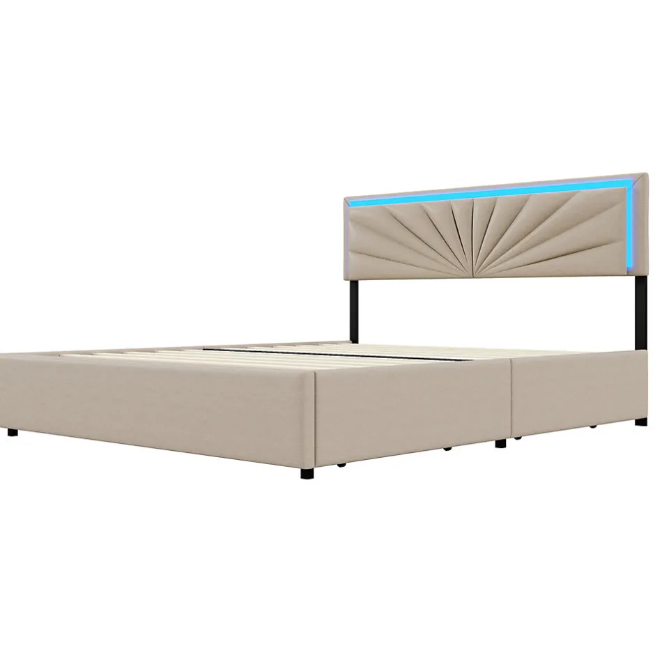 Generique Lit double 160x200 cm rembourré avec 4 tiroirs, tête de lit avec rangement, LED, sommier à lattes, beige