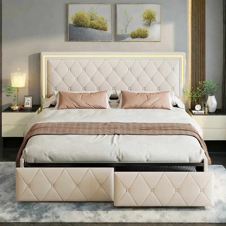 ProximaX Lit double 140x200 cm rembourré avec LED, tête réglable, 4 tiroirs, coffre de rangement et sommier, Blanc cassé