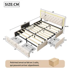 ProximaX Lit double 140x200 cm rembourré avec LED, tête réglable, 4 tiroirs, coffre de rangement et sommier, Blanc cassé