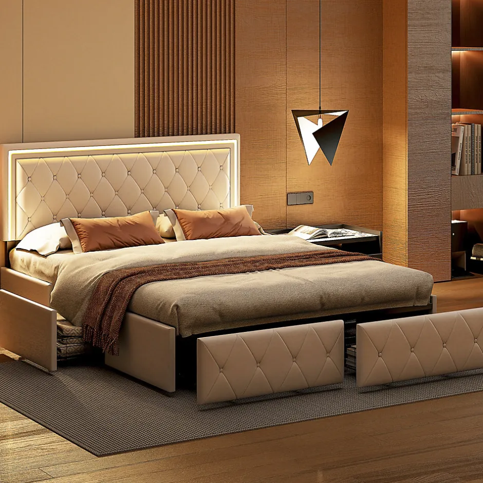 ProximaX Lit double 140x200 cm rembourré avec LED, tête réglable, 4 tiroirs, coffre de rangement et sommier, Blanc cassé