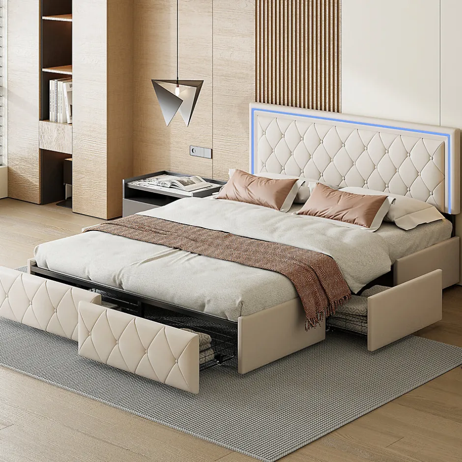 ProximaX Lit double 140x200 cm rembourré avec LED, tête réglable, 4 tiroirs, coffre de rangement et sommier, Blanc cassé