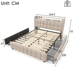 Fortuna lai Lit double 160x200 cm rembourré, tête LED, 4 tiroirs, USB, lin beige, sans matelas Sale