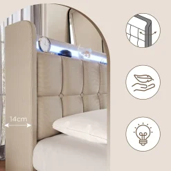 Fortuna lai Lit double 160x200 cm rembourré, tête LED, 4 tiroirs, USB, lin beige, sans matelas Sale