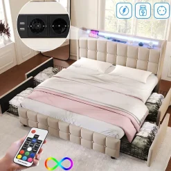 Fortuna lai Lit double 160x200 cm rembourré, tête LED, 4 tiroirs, USB, lin beige, sans matelas Sale