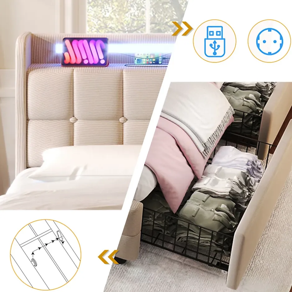 Fortuna lai Lit double 160x200 cm rembourré, tête LED, 4 tiroirs, USB, lin beige, sans matelas Sale