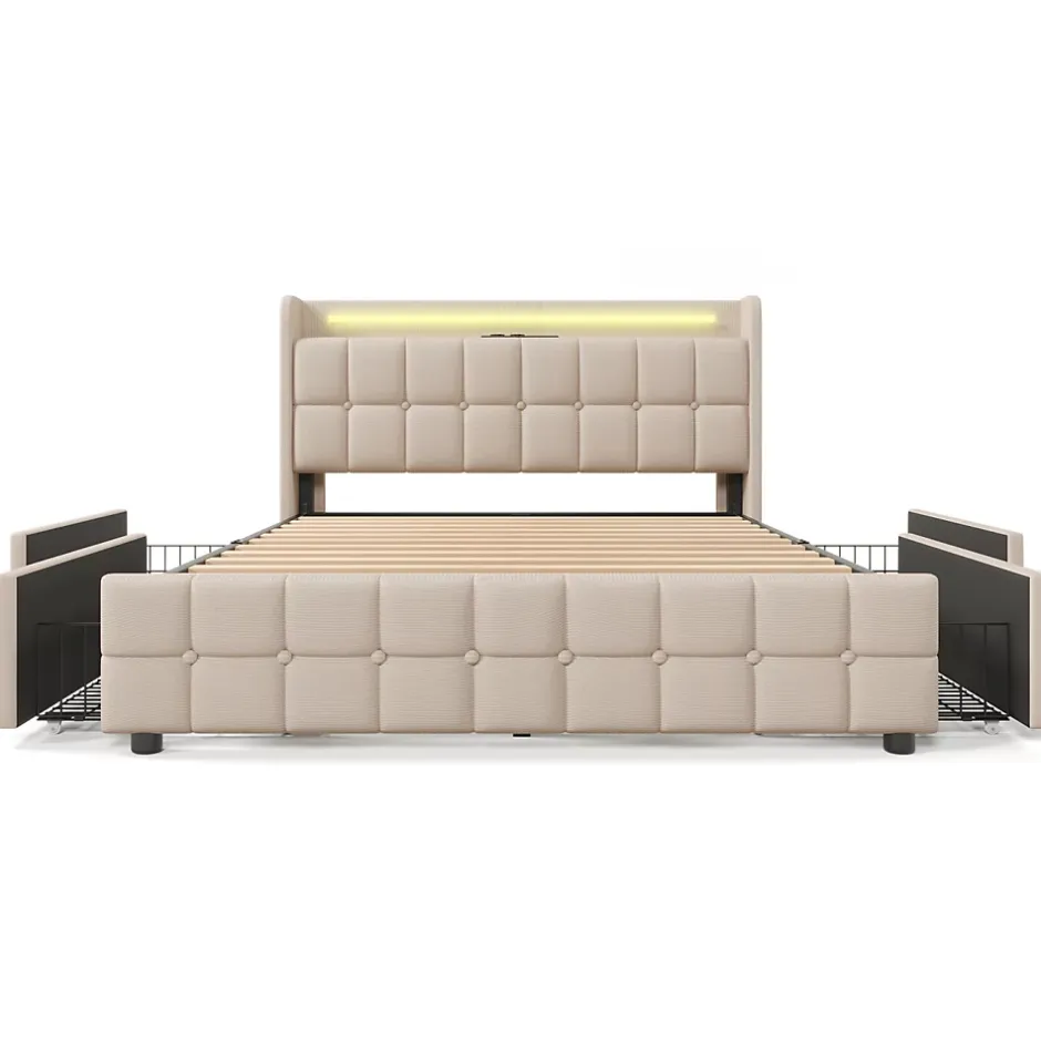 Fortuna lai Lit double 160x200 cm rembourré, tête LED, 4 tiroirs, USB, lin beige, sans matelas Sale