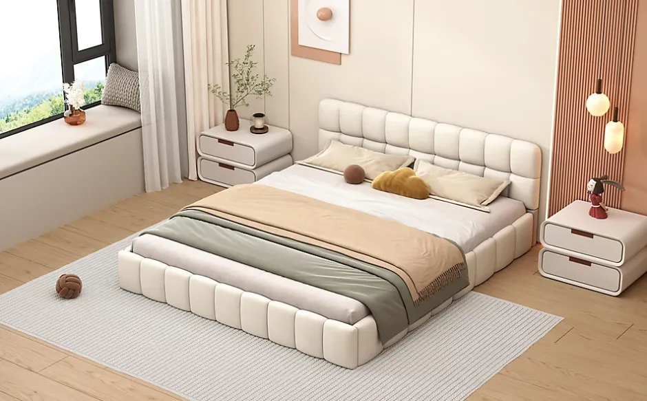 ProximaX Lit double 160x200 cm rembourré lin avec dossier moelleux, bordure rembourrée et sommier à lattes, sans matelas, Beige Hot