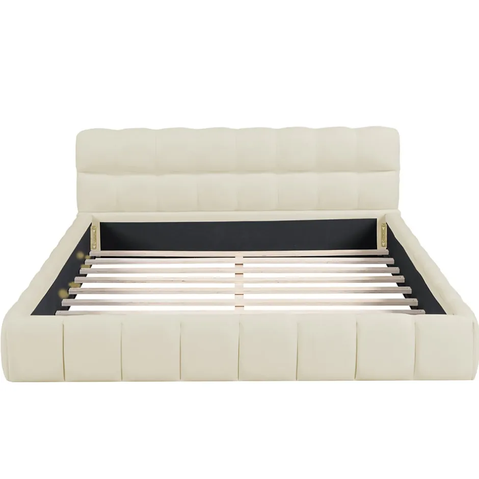 ProximaX Lit double 160x200 cm rembourré lin avec dossier moelleux, bordure rembourrée et sommier à lattes, sans matelas, Beige Hot