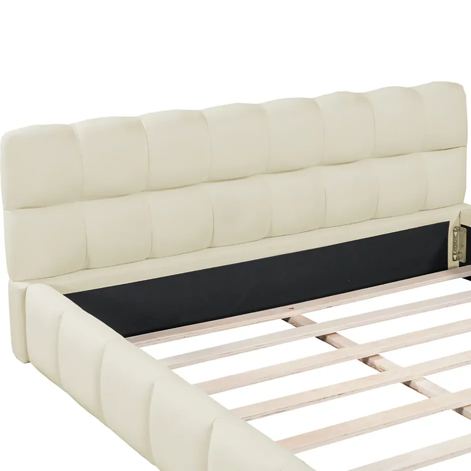 ProximaX Lit double 160x200 cm rembourré lin avec dossier moelleux, bordure rembourrée et sommier à lattes, sans matelas, Beige Hot