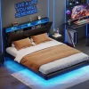 ProximaX Lit double 140x200 cm rembourré gris en PU avec LED, ports USB, tête de lit et coffre de rangement