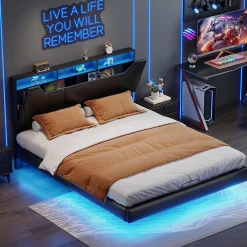ProximaX Lit double 140x200 cm rembourré gris en PU avec LED, ports USB, tête de lit et coffre de rangement