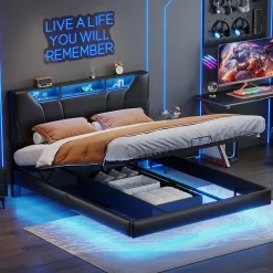 ProximaX Lit double 140x200 cm rembourré gris en PU avec LED, ports USB, tête de lit et coffre de rangement