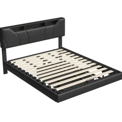 ProximaX Lit double 140x200 cm rembourré gris en PU avec LED, ports USB, tête de lit et coffre de rangement