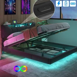 ProximaX Lit double 140x200 cm rembourré gris en PU avec LED, ports USB, tête de lit et coffre de rangement