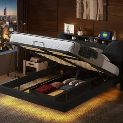 ProximaX Lit double 140x200 cm rembourré gris en PU avec LED, ports USB, tête de lit et coffre de rangement