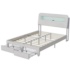 Simple Life Lit double 140x200 cm, tiroirs, tête de lit LED, USB, cadre métal, Velours, Beige Outlet