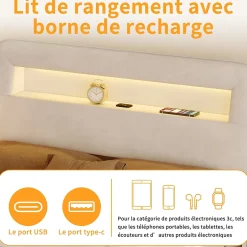 Simple Life Lit double 140x200 cm, tiroirs, tête de lit LED, USB, cadre métal, Velours, Beige Outlet
