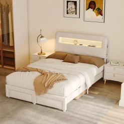 Simple Life Lit double 140x200 cm, tiroirs, tête de lit LED, USB, cadre métal, Velours, Beige Outlet