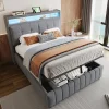 ProximaX Lit double 140x200 cm tissu gris avec LED, USB, tête de lit étagères et rangement hydraulique, Sommier inclus, design moderne