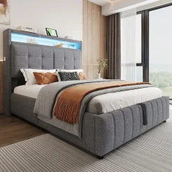 ProximaX Lit double 140x200 cm tissu gris avec LED, USB, tête de lit étagères et rangement hydraulique, Sommier inclus, design moderne