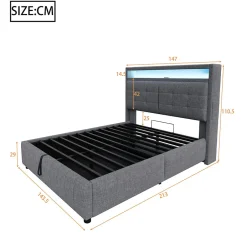 ProximaX Lit double 140x200 cm tissu gris avec LED, USB, tête de lit étagères et rangement hydraulique, Sommier inclus, design moderne