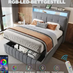 ProximaX Lit double 140x200 cm tissu gris avec LED, USB, tête de lit étagères et rangement hydraulique, Sommier inclus, design moderne