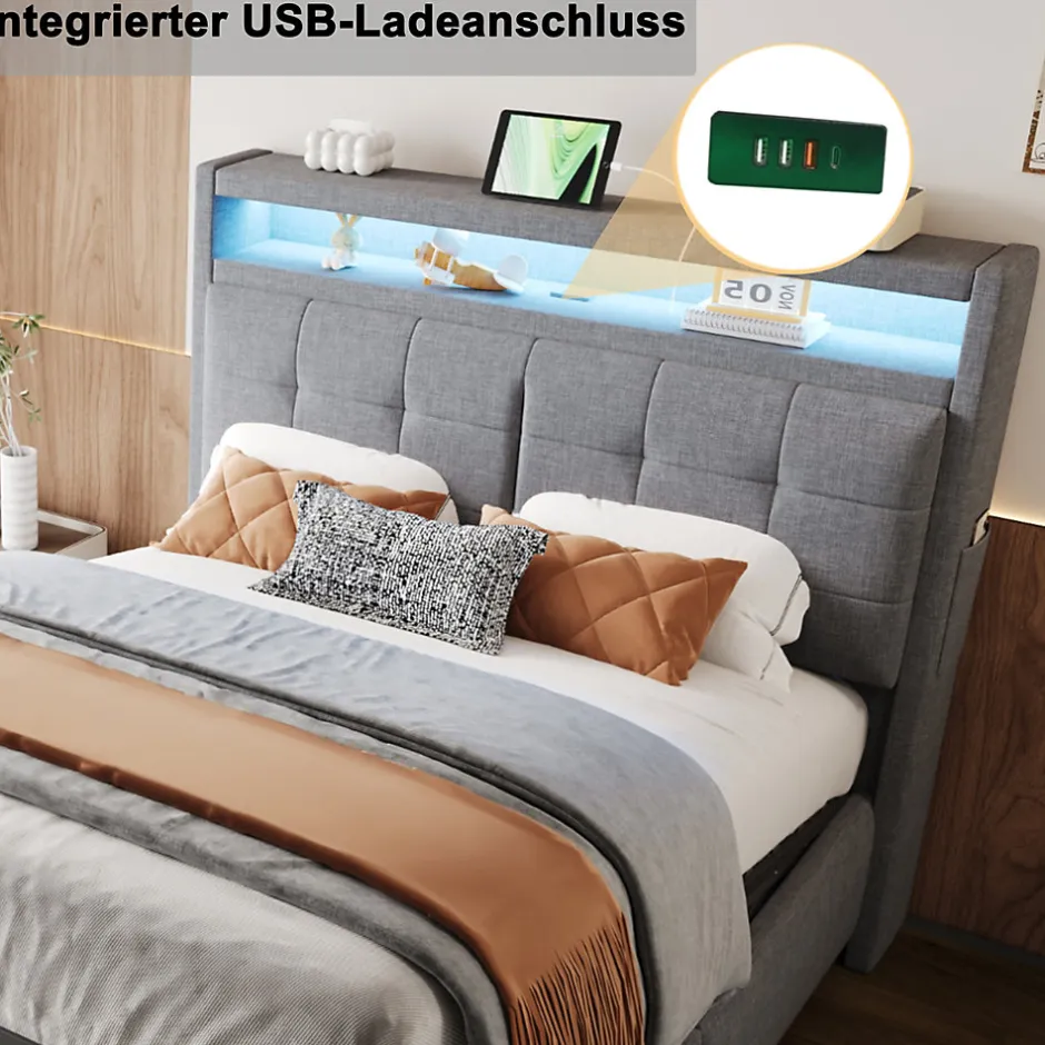 ProximaX Lit double 140x200 cm tissu gris avec LED, USB, tête de lit étagères et rangement hydraulique, Sommier inclus, design moderne