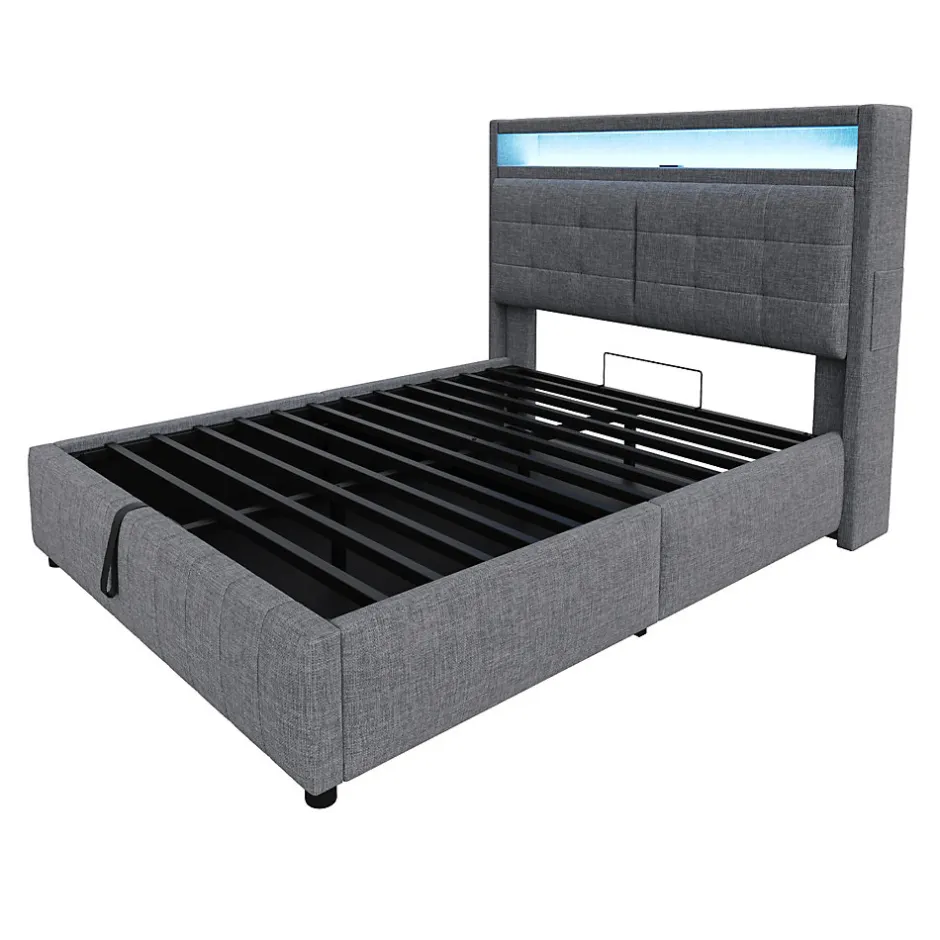 ProximaX Lit double 140x200 cm tissu gris avec LED, USB, tête de lit étagères et rangement hydraulique, Sommier inclus, design moderne