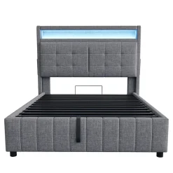ProximaX Lit double 140x200 cm tissu gris avec LED, USB, tête de lit étagères et rangement hydraulique, Sommier inclus, design moderne