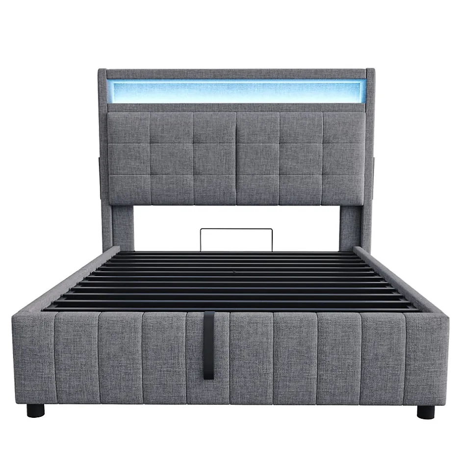 ProximaX Lit double 140x200 cm tissu gris avec LED, USB, tête de lit étagères et rangement hydraulique, Sommier inclus, design moderne