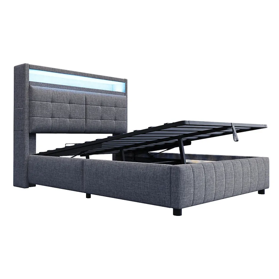 ProximaX Lit double 140x200 cm tissu gris avec LED, USB, tête de lit étagères et rangement hydraulique, Sommier inclus, design moderne