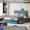 Simple Life Lit double 180x200 cm, tête de lit LED réglable, chargement USB/Type-C, 4 tiroirs, sommier à lattes, structure métal gris. Clearance