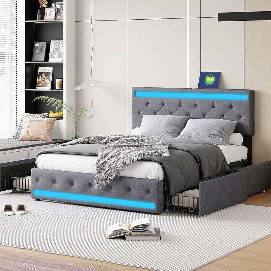 Simple Life Lit double 180x200 cm, tête de lit LED réglable, chargement USB/Type-C, 4 tiroirs, sommier à lattes, structure métal gris. Clearance