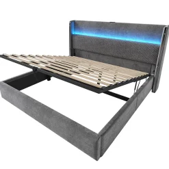Blackcolors Lit double 180x200 cm, tête haute, LED/USB, hydraulique, lin - gris
