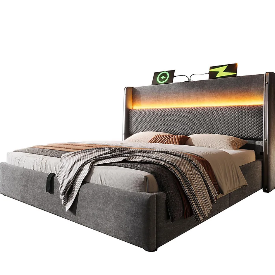 Blackcolors Lit double 160x200 cm, tête haute, LED/USB, hydraulique, lin - gris