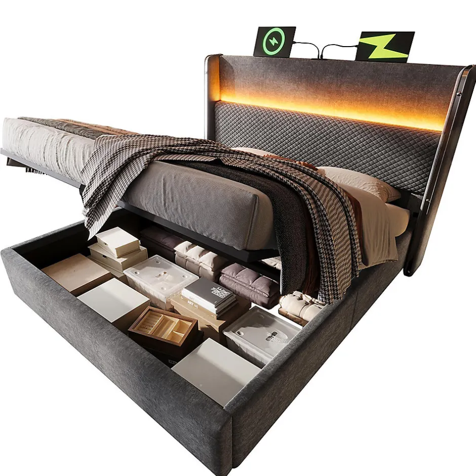 Blackcolors Lit double 160x200 cm, tête haute, LED/USB, hydraulique, lin - gris