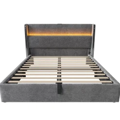 Blackcolors Lit double 160x200 cm, tête haute, LED/USB, hydraulique, lin - gris