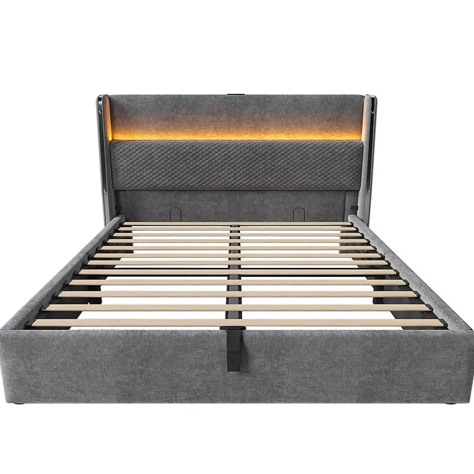 Blackcolors Lit double 160x200 cm, tête haute, LED/USB, hydraulique, lin - gris
