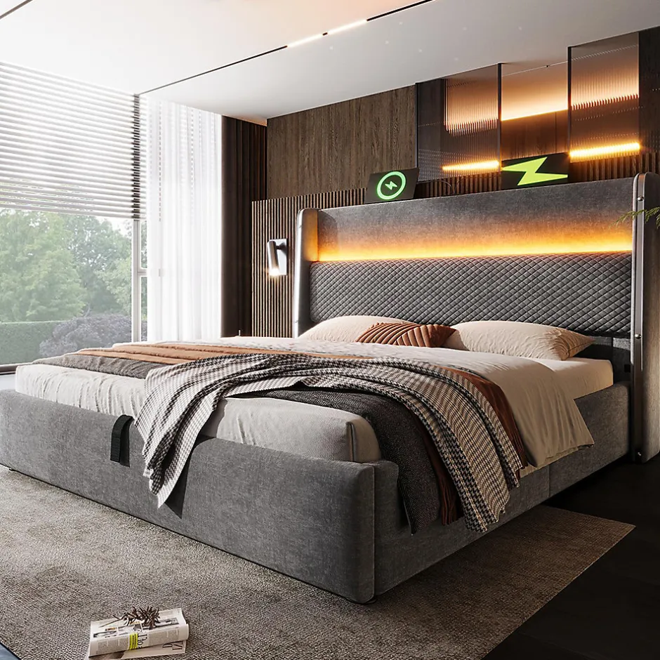 Blackcolors Lit double 160x200 cm, tête haute, LED/USB, hydraulique, lin - gris