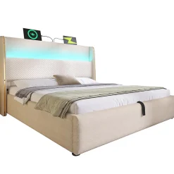 Blackcolors Lit double 140x200 cm, tête haute, LED/USB, hydraulique, lin - beige