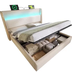 Blackcolors Lit double 140x200 cm, tête haute, LED/USB, hydraulique, lin - beige