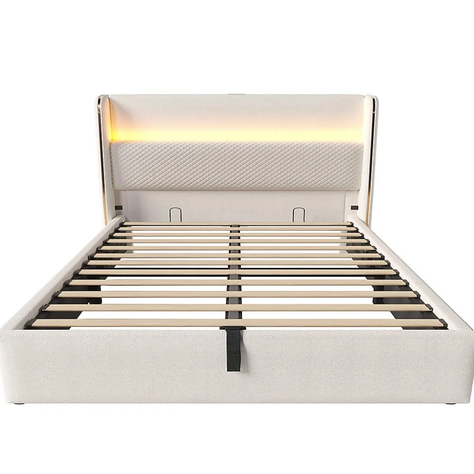 Blackcolors Lit double 140x200 cm, tête haute, LED/USB, hydraulique, lin - beige